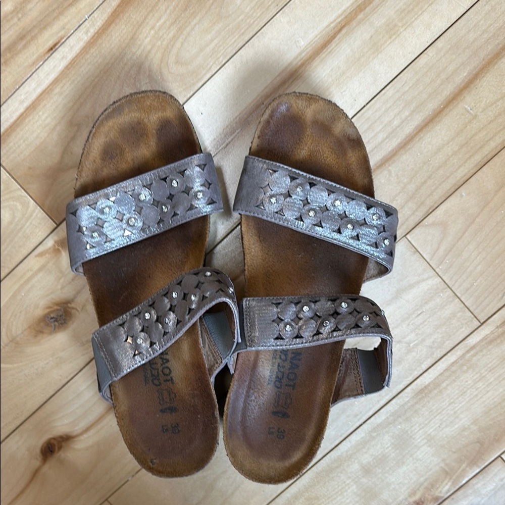 Naot Silver Brown Sandals with Rhinestone Straps